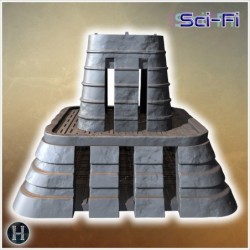 Pyramid-like fortress with tiered structure, vertical columns, and a fortified platform (4)