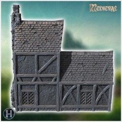 Long medieval building with two-part roof, outdoor fireplace and wooden door (7)