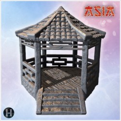 Traditional hexagonal pavilion with wooden pillars, tiled roof, and decorative staircase (1)