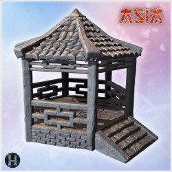 Traditional hexagonal pavilion with wooden pillars, tiled roof, and decorative staircase (1)