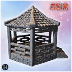 Traditional hexagonal pavilion with wooden pillars, tiled roof, and decorative staircase (1)