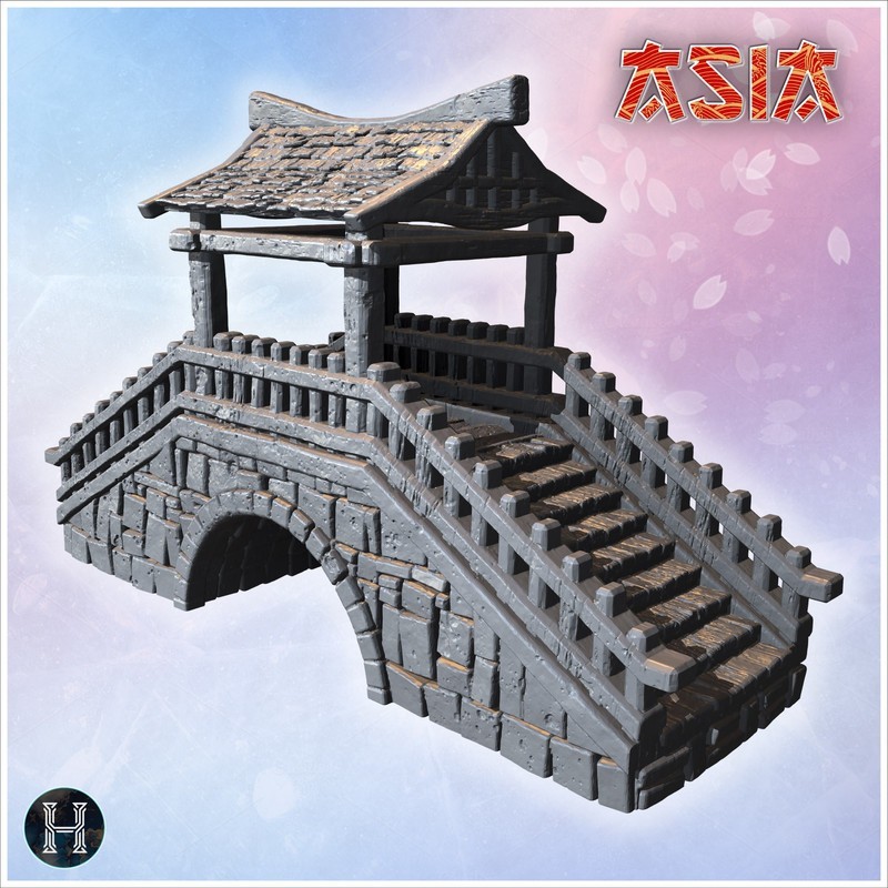 Ornamental stone bridge with steep stairs, wooden railings, and tiled roof structure (2)