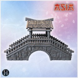 Ornamental stone bridge with steep stairs, wooden railings, and tiled roof structure (2)