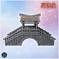 Ornamental stone bridge with steep stairs, wooden railings, and tiled roof structure (2)