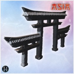 Torii gate with three arched sections and detailed textured wooden beams (4)