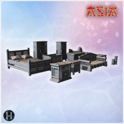 Set of traditional furniture including bed, sofa, tables, cabinets, and tea set (6)