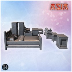 Set of traditional furniture including bed, sofa, tables, cabinets, and tea set (6)