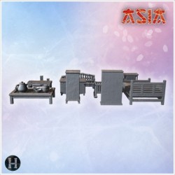 Set of traditional furniture including bed, sofa, tables, cabinets, and tea set (6)