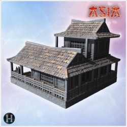 Two-story wooden house with large porch, tiled roof, and decorative bamboo clusters (9)