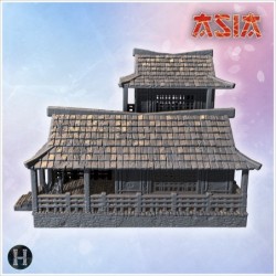 Two-story wooden house with large porch, tiled roof, and decorative bamboo clusters (9)