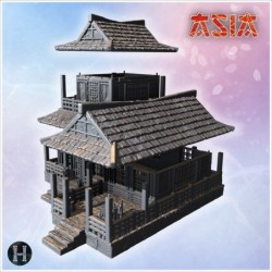 Two-story wooden house with large porch, tiled roof, and decorative bamboo clusters (9)