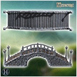 Stone arch bridge with ornate railings and lampposts on each corner (3)