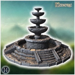 Tiered stone fountain with multiple basins, decorative steps, and circular stone platform (6)