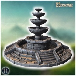 Tiered stone fountain with multiple basins, decorative steps, and circular stone platform (6)