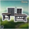 Wooden furniture set with round table, rectangular table, chairs, shelves, and a cupboard (7)