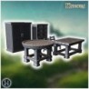 Wooden furniture set with round table, rectangular table, chairs, shelves, and a cupboard (7)