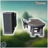 Wooden furniture set with round table, rectangular table, chairs, shelves, and a cupboard (7)