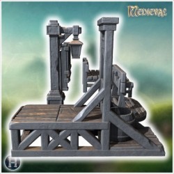 Execution set with guillotine, stocks, benches, lanterns, and wooden signboard (9)