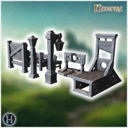 Execution set with guillotine, stocks, benches, lanterns, and wooden signboard (9)