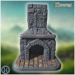 Rustic stone chimney with intricate brickwork and textured base tiles (10)