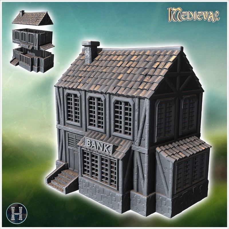 Medieval bank building with a stone base, wooden upper floors, and a shingled roof (2)