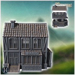 Medieval bank building with a stone base, wooden upper floors, and a shingled roof (2)