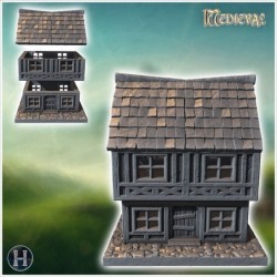 Two-story medieval house with timber framing, small windows, and cobblestone base (7)