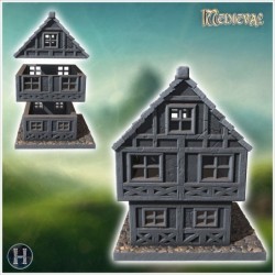 Two-story medieval house with timber framing, small windows, and cobblestone base (7)