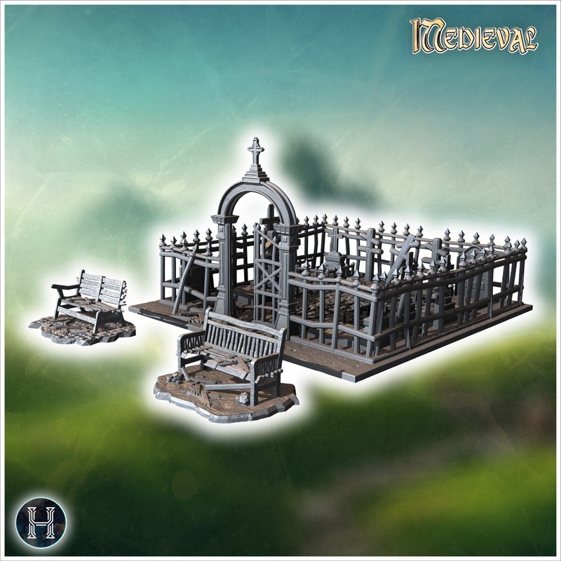 Gothic-style graveyard with spiked fences, benches, and a detailed entry arch (15)