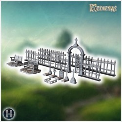 Gothic-style graveyard with spiked fences, benches, and a detailed entry arch (15)