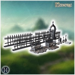 Gothic-style graveyard with spiked fences, benches, and a detailed entry arch (15)