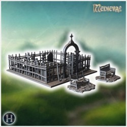 Gothic-style graveyard with spiked fences, benches, and a detailed entry arch (15)