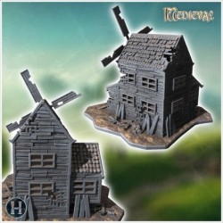 Old wooden windmill with broken blades, damaged walls, and scattered debris on a rocky base (25)