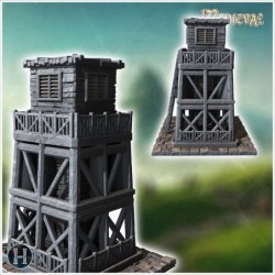 Tall wooden watchtower with ladder access, weathered planks, and a platform with railings on top (26)