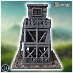 Tall wooden watchtower with ladder access, weathered planks, and a platform with railings on top (26)