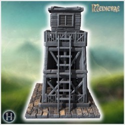 Tall wooden watchtower with ladder access, weathered planks, and a platform with railings on top (26)