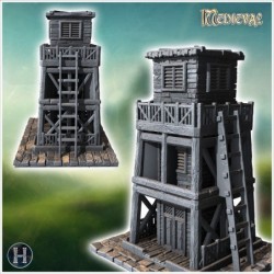 Tall wooden watchtower with ladder access, weathered planks, and a platform with railings on top (26)