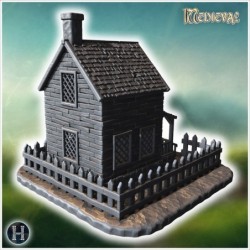 Intact wooden house with a picket fence, front porch, and a chimney on a stone base (28)