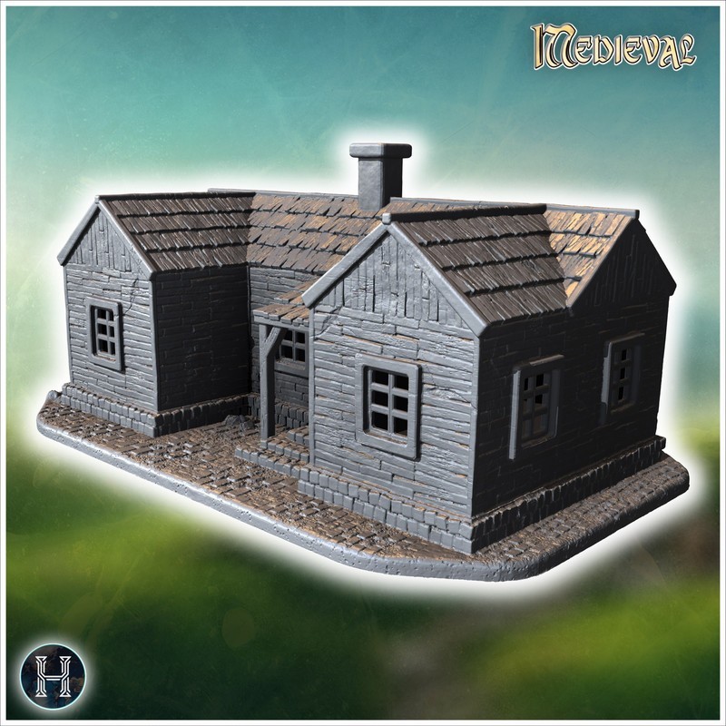 Wooden house with a chimney, intact walls, and a covered entrance on a cobblestone base (34)