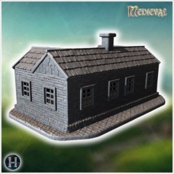 Wooden house with a chimney, intact walls, and a covered entrance on a cobblestone base (34)