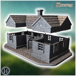 Wooden house with a chimney, intact walls, and a covered entrance on a cobblestone base (34)