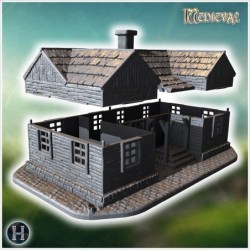 Wooden house with a chimney, intact walls, and a covered entrance on a cobblestone base (34)