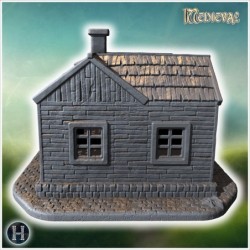 Wooden house with a chimney, intact walls, and a covered entrance on a cobblestone base (34)