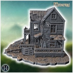 Ruined wooden tavern with broken balconies, collapsed porch, and damaged roof structure (39)