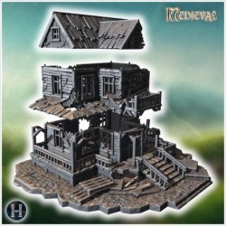 Ruined wooden tavern with broken balconies, collapsed porch, and damaged roof structure (39)