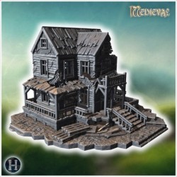 Ruined wooden tavern with broken balconies, collapsed porch, and damaged roof structure (39)