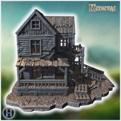 Ruined wooden tavern with broken balconies, collapsed porch, and damaged roof structure (39)