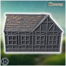 Medieval-style house with a wooden door, lattice windows, and a damaged stone roof (48)