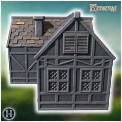 Medieval-style house with a wooden door, lattice windows, and a damaged stone roof (48)