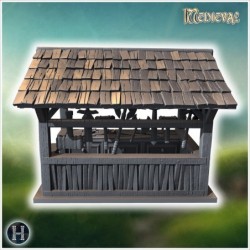 Open wooden market stall with a slanted roof, display shelves, and hanging tools (51)